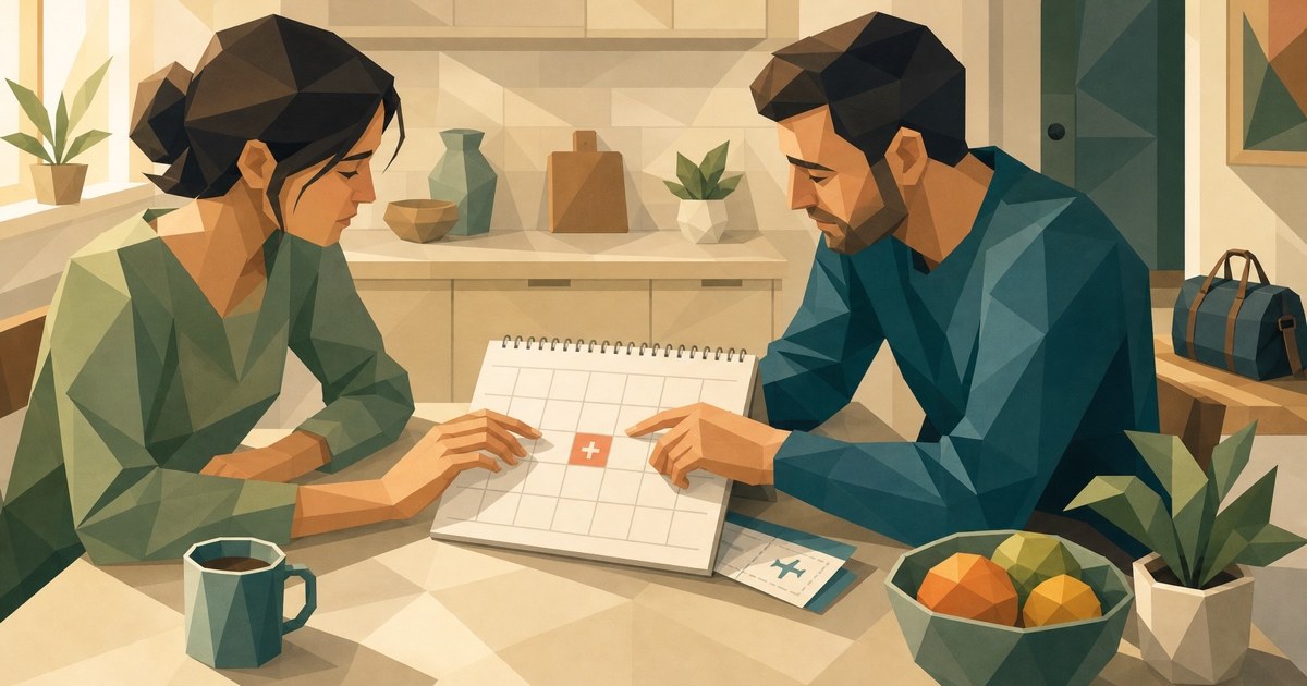 Two partners reach toward the same calendar date at a kitchen table while a travel bag waits near the doorway.