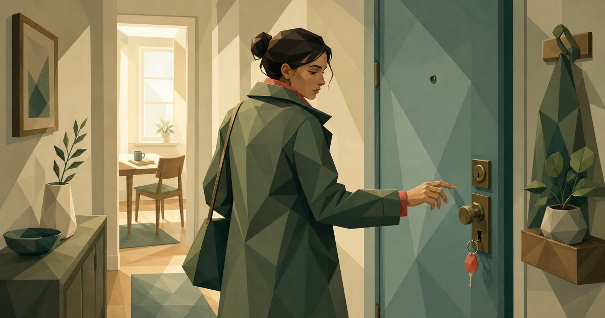 An adult in a coat pauses with one hand near the door lock while a quiet room behind them glows in soft morning light.